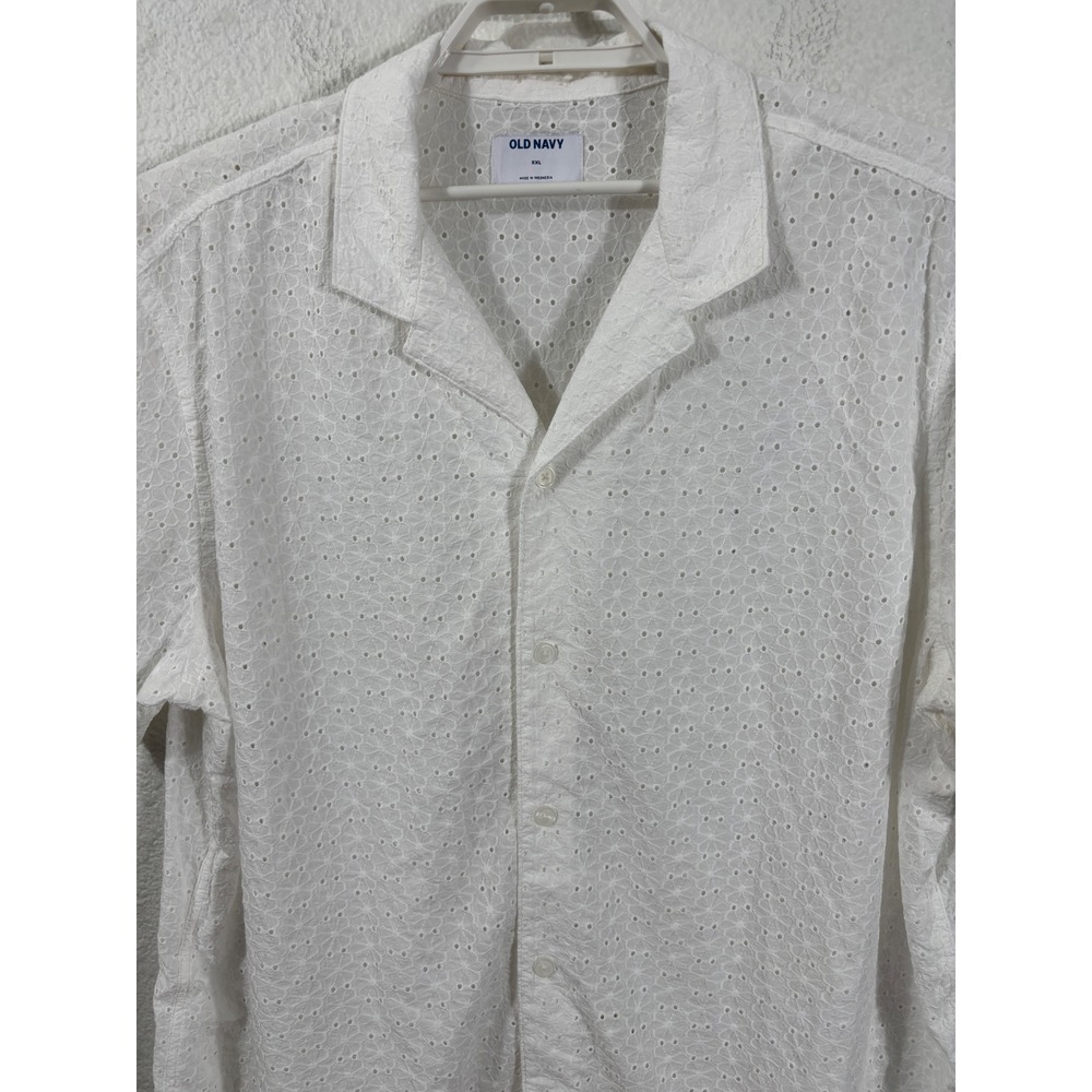 Old Navy Button‎ Up Shirt Mens XXL White Eyelet Embroidered Short Sleeve